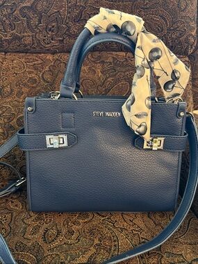 Steve Madden Navy Pebbled Leather Satchel with Scarf Accent